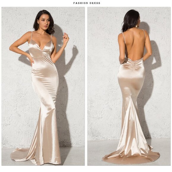 Deep V Neck Backless Ruched Long Slip Sheath Dress Evening Gown Prom - Picture 1 of 6